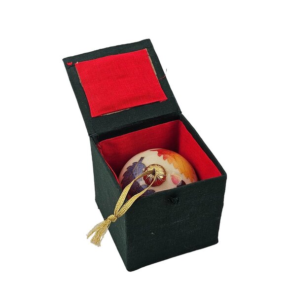 Hand Painted Glass Ornament Fall Leaves Green Gift Box Seasonal Decor Vintage - Picture 1 of 6